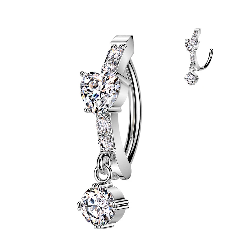 316L Surgical Steel White CZ Heart Circle Dangle Hinged Clicker Belly Ring