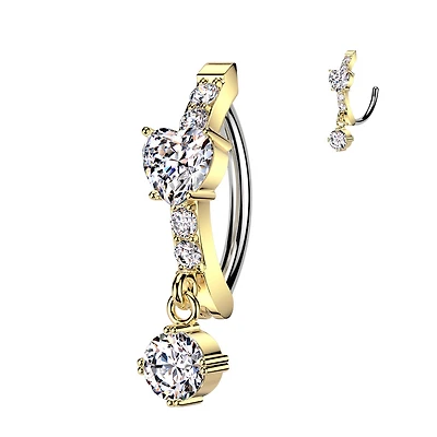 316L Surgical Steel Gold PVD White CZ Heart Circle Dangle Hinged Clicker Belly Ring