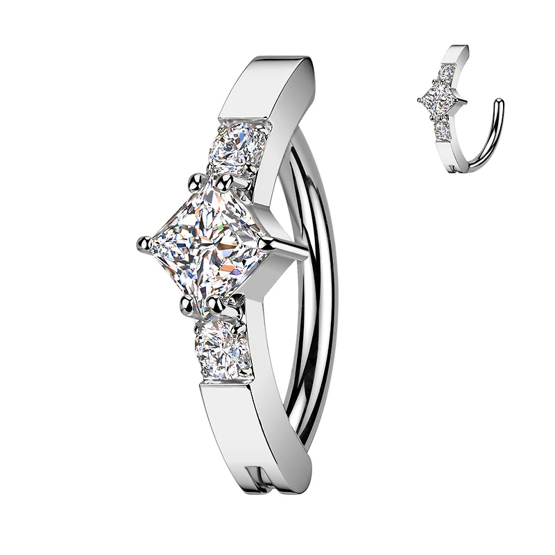 316L Surgical Steel White CZ Square Gem Hinged Clicker Belly Ring