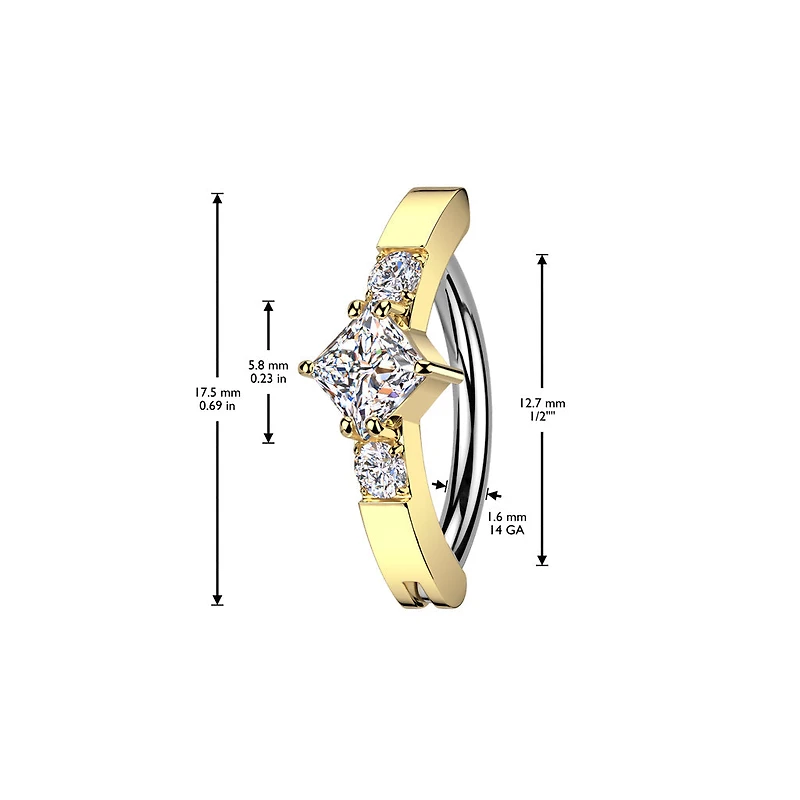 316L Surgical Steel Gold PVD White CZ Square Gem Hinged Clicker Belly Ring