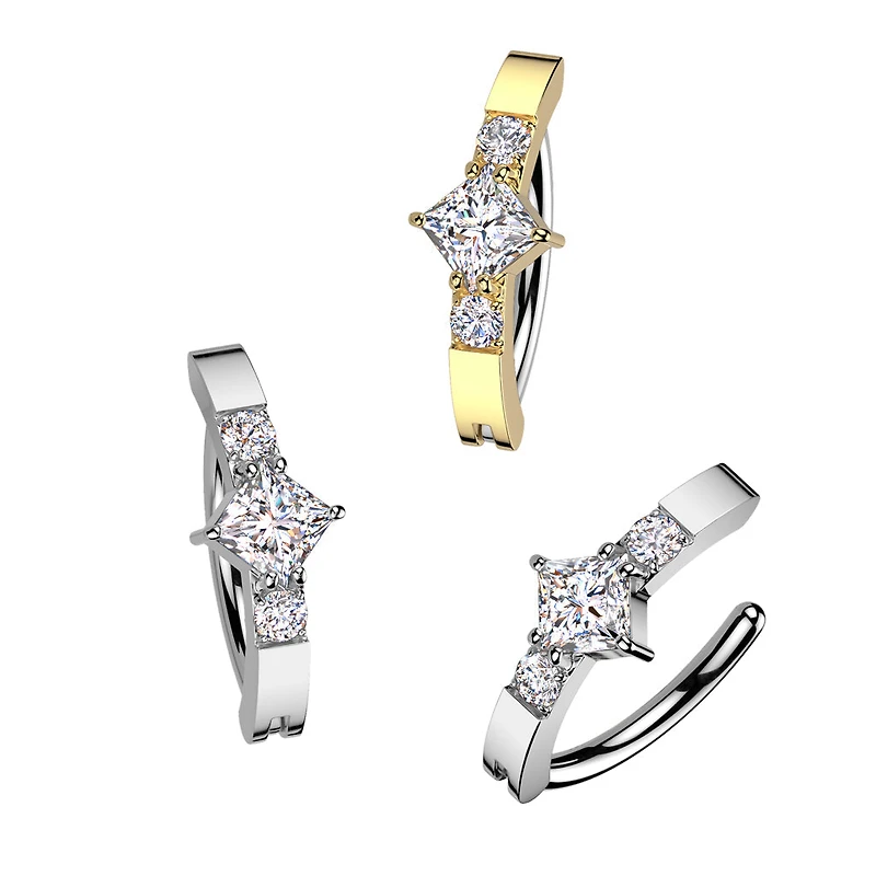 316L Surgical Steel Gold PVD White CZ Square Gem Hinged Clicker Belly Ring
