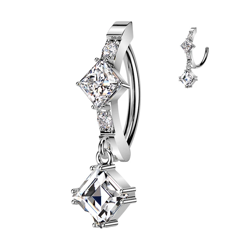 316L Surgical Steel White CZ Square Shaped Gem Dangle Hinged Clicker Belly Ring