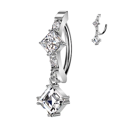 316L Surgical Steel White CZ Square Shaped Gem Dangle Hinged Clicker Belly Ring