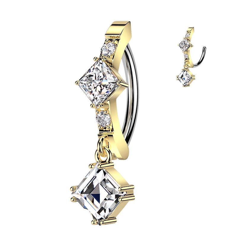 316L Surgical Steel Gold PVD White CZ Square Shaped Gem Dangle Hinged Clicker Belly Ring