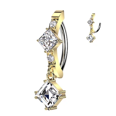 316L Surgical Steel Gold PVD White CZ Square Shaped Gem Dangle Hinged Clicker Belly Ring