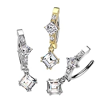 316L Surgical Steel White CZ Square Shaped Gem Dangle Hinged Clicker Belly Ring