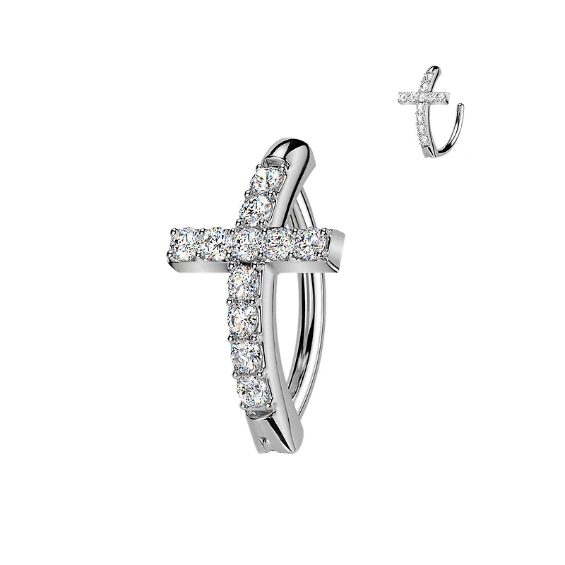 316L Surgical Steel White CZ Cross Hinged Clicker Belly Ring