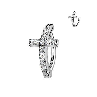316L Surgical Steel White CZ Cross Hinged Clicker Belly Ring