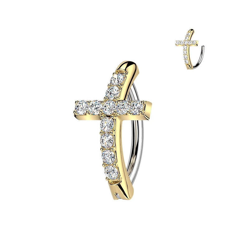 316L Surgical Steel Gold PVD White CZ Cross Hinged Clicker Belly Ring
