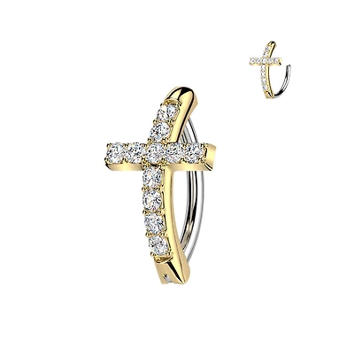 316L Surgical Steel Gold PVD White CZ Cross Hinged Clicker Belly Ring