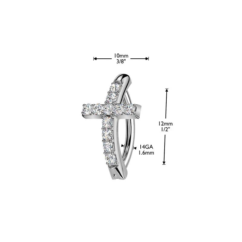 316L Surgical Steel Gold PVD White CZ Cross Hinged Clicker Belly Ring