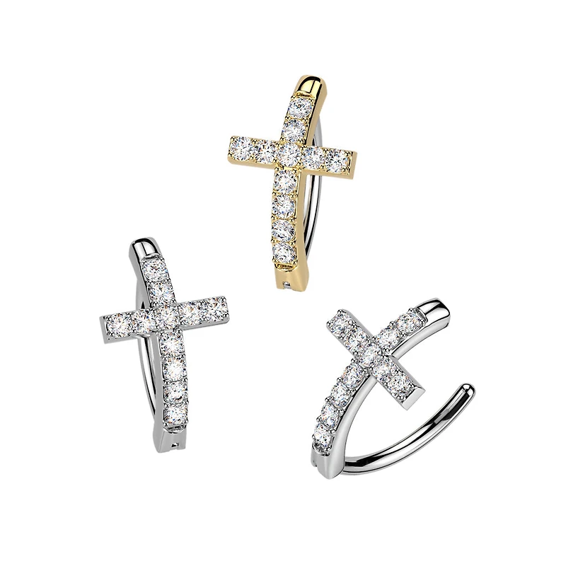 316L Surgical Steel Gold PVD White CZ Cross Hinged Clicker Belly Ring