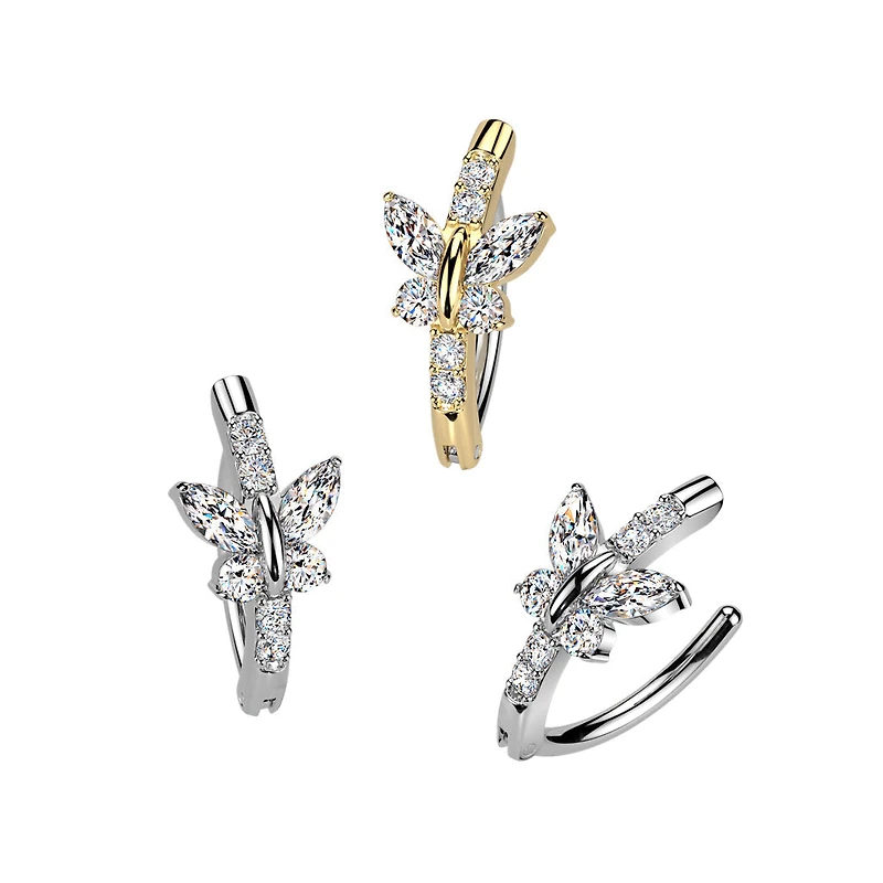 316L Surgical Steel Gold PVD White CZ Butterfly Hinged Clicker Belly Ring
