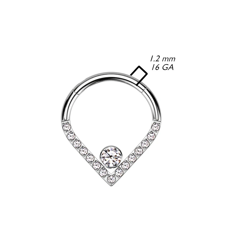 Implant Grade Titanium V Chevron with Single White CZ Hinged Clicker Hoop