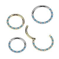 Implant Grade Titanium Aqua White CZ Pave Hinged Clicker Hoop