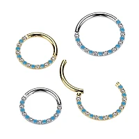 Implant Grade Titanium Gold PVD Aqua White CZ Pave Hinged Clicker Hoop