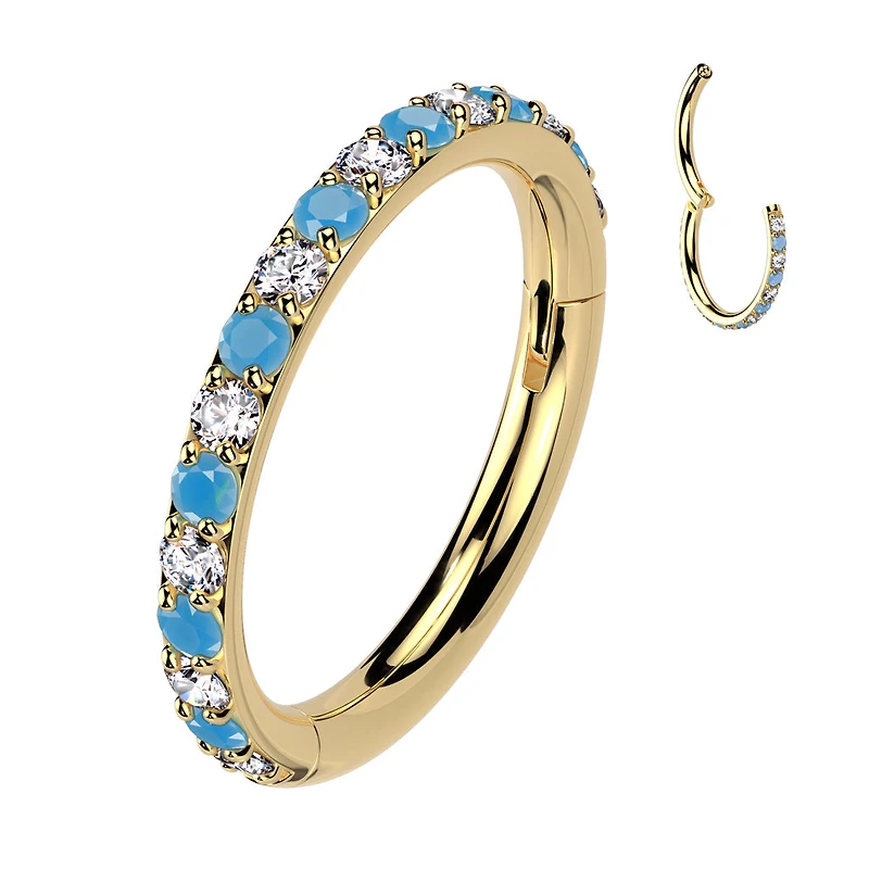 Implant Grade Titanium Gold PVD Aqua White CZ Pave Hinged Helix Clicker Hoop