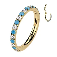 Implant Grade Titanium Gold PVD Aqua White CZ Pave Hinged Helix Clicker Hoop