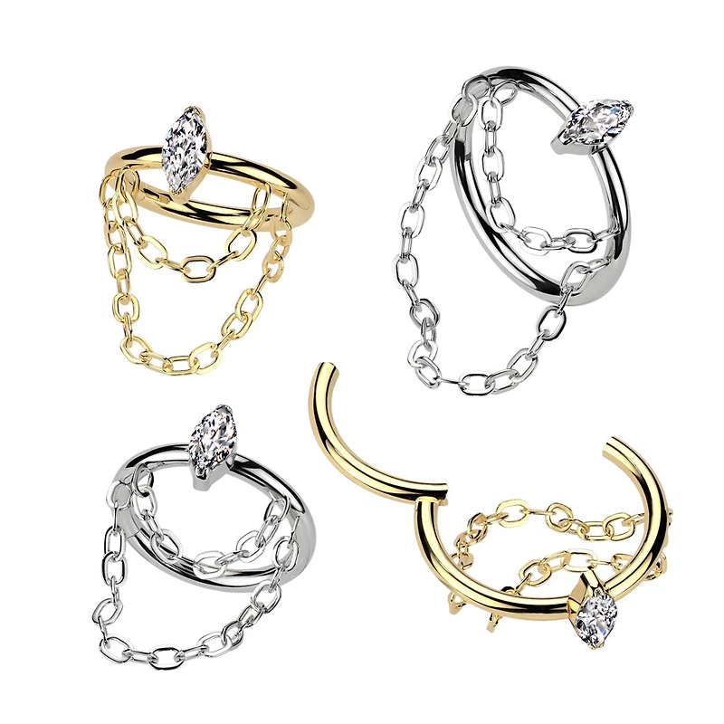 Implant Grade Titanium Gold PVD White CZ Marquise Gem With Chain Helix Hinged Clicker Hoop