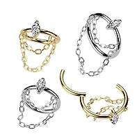 Implant Grade Titanium Gold PVD White CZ Marquise Gem With Chain Helix Hinged Clicker Hoop