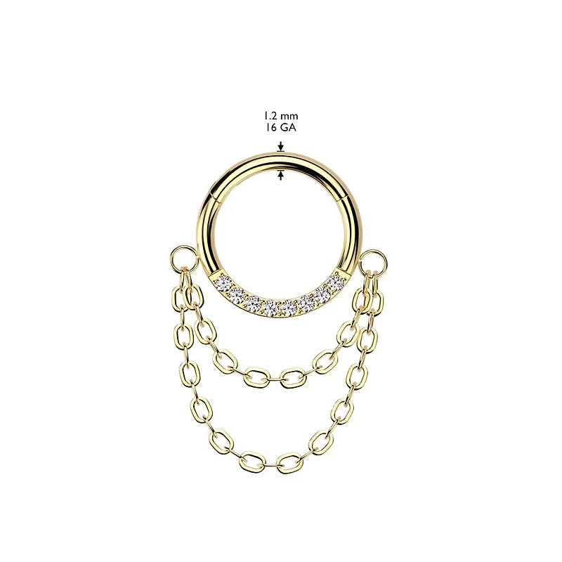 Implant Grade Titanium Gold PVD White CZ Chain Dangle Clicker Hoop