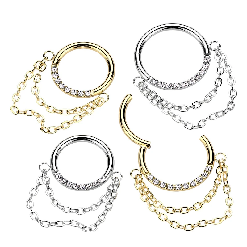 Implant Grade Titanium White CZ Chain Dangle Clicker Hoop