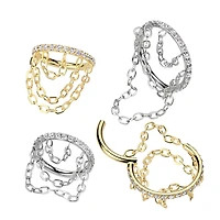 Implant Grade Titanium Gold PVD White Pave CZ Triple Chain Dangle Hinged Clicker Hoop
