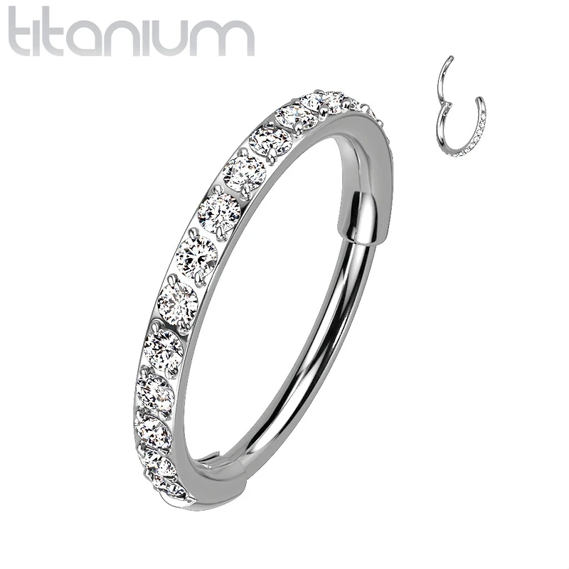Implant Grade Titanium Pave White CZ Nose Hoop Hinged Clicker Ring