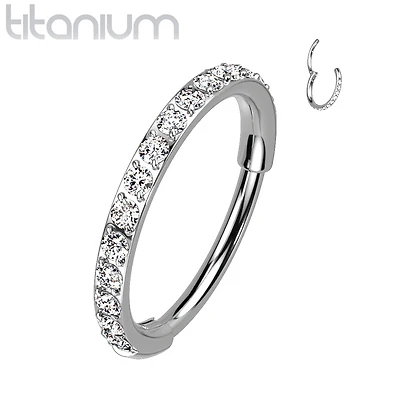 Implant Grade Titanium Pave White CZ Nose Hoop Hinged Clicker Ring