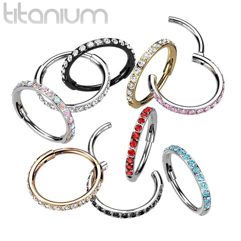 Implant Grade Titanium Pave White CZ Nose Hoop Hinged Clicker Ring