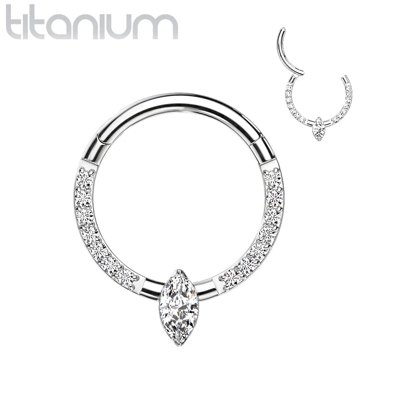 Implant Grade Titanium Pave White CZ Marquise Gem Hinged Clicker Hoop
