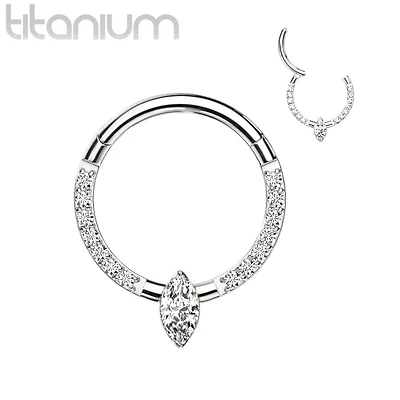 Implant Grade Titanium Pave White CZ Marquise Gem Hinged Clicker Hoop