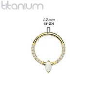 Implant Grade Titanium Gold PVD Pave CZ White Opal Marquise Gem Hinged Clicker Hoop