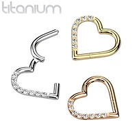 Implant Grade Titanium White CZ Heart Hinged Daith Clicker Hoop