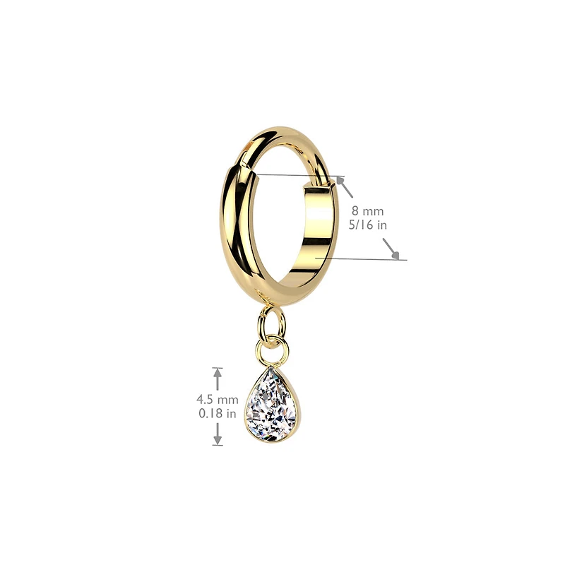 Implant Grade Titanium Gold PVD White CZ Teardrop Dangle Hinged Clicker Hoop