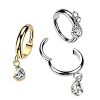 Implant Grade Titanium Gold PVD White CZ Teardrop Dangle Hinged Clicker Hoop