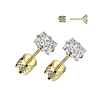 Pair of 316L Surgical Steel Gold PVD Push In Backing White CZ Square Gem Stud Earrings