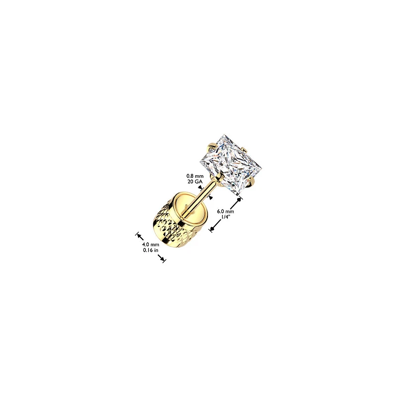 Pair of 316L Surgical Steel Push In Backing White CZ Square Gem Stud Earrings