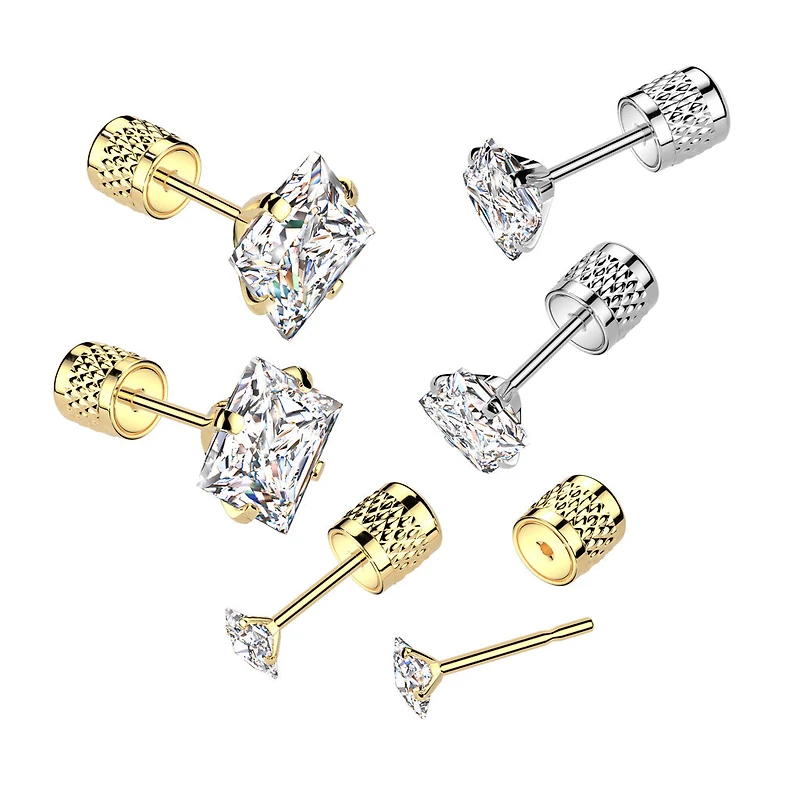 Pair of 316L Surgical Steel Gold PVD Push In Backing White CZ Square Gem Stud Earrings