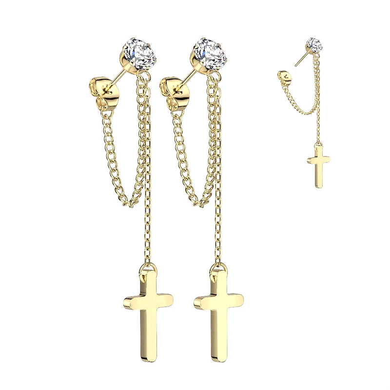Pair of 316L Surgical Steel Gold PVD White CZ Cross Chain Dangle Earring Studs