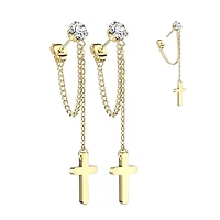 Pair of 316L Surgical Steel Gold PVD White CZ Cross Chain Dangle Earring Studs