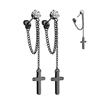 Pair of 316L Surgical Steel Black PVD White CZ Cross Chain Dangle Earring Studs