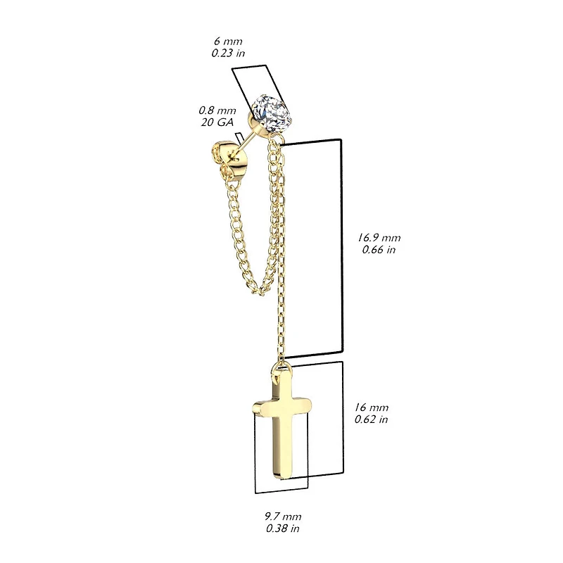 Pair of 316L Surgical Steel Gold PVD White CZ Cross Chain Dangle Earring Studs