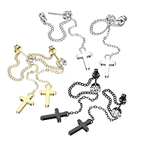 Pair of 316L Surgical Steel Gold PVD White CZ Cross Chain Dangle Earring Studs