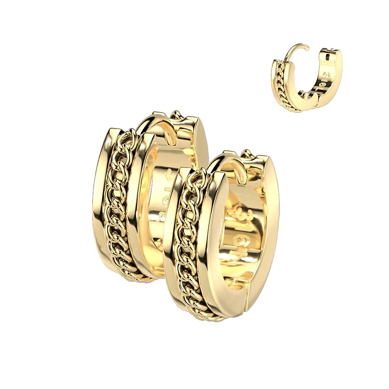 Pair of 316L Surgical Steel Gold PVD Chain Link Design Hinged Hoop Earrings