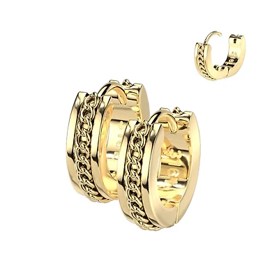 Pair of 316L Surgical Steel Gold PVD Chain Link Design Hinged Hoop Earrings