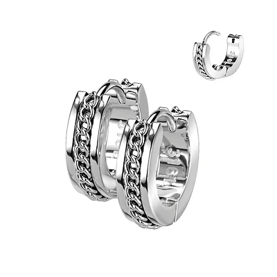Pair of 316L Surgical Steel Chain Link Design Hinged Hoop Earrings