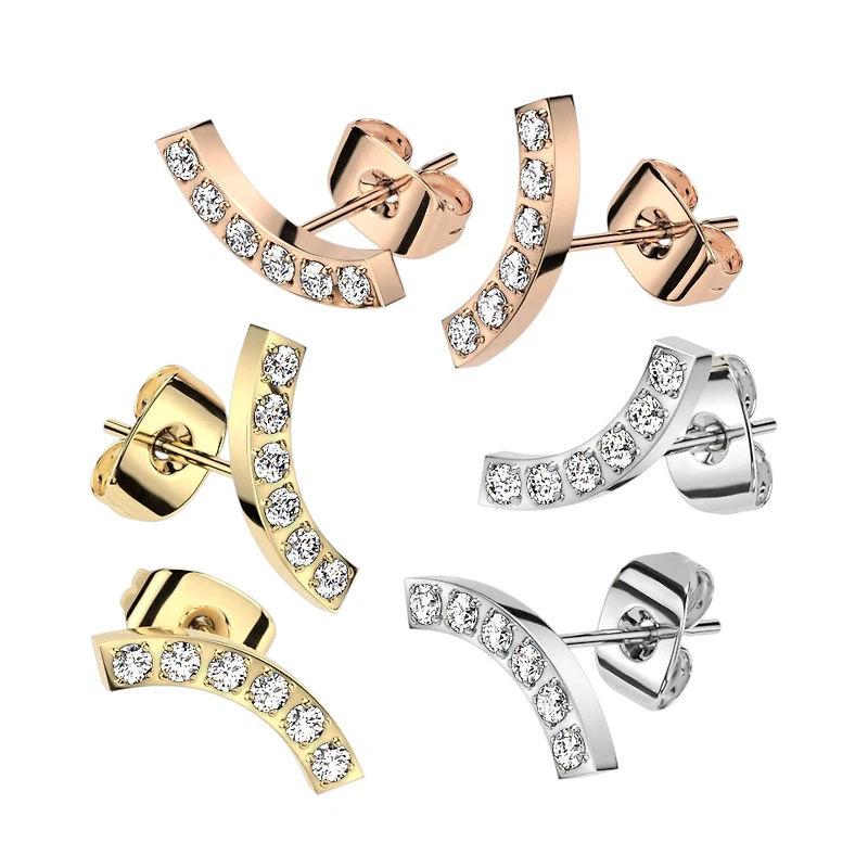 Pair of 316L Surgical Steel Rose Gold PVD Curved White CZ Gem Earring Studs
