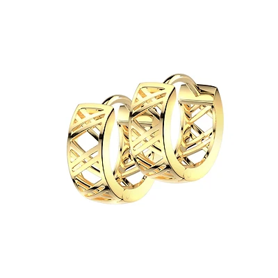 Pair of 316L Surgical Steel Gold PVD Cut Out Criss Cross Patterned Hinged Hoop Earrings