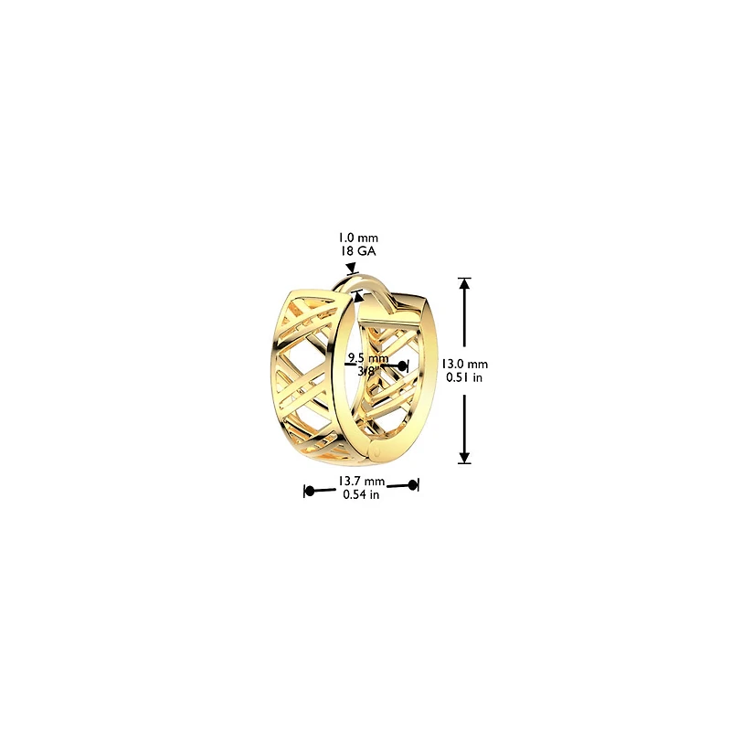 Pair of 316L Surgical Steel Gold PVD Cut Out Criss Cross Patterned Hinged Hoop Earrings